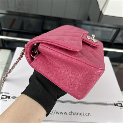 Cha.nel Mini Classic Flap Bag Grained Calfskin Silver Tone Metal Fuchsia 01116
