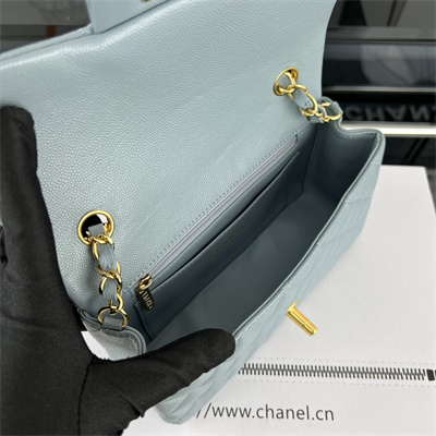 Cha.nel Mini Classic Flap Bag Grained Calfskin Gold Tone Metal Lt Blue 01116