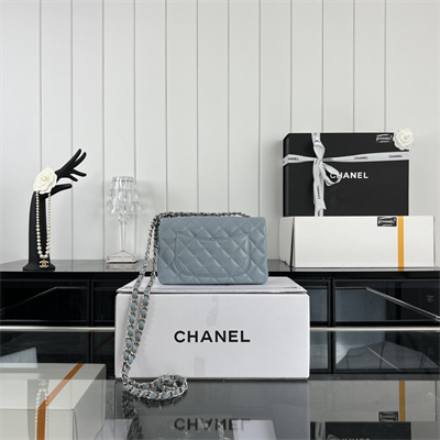 Cha.nel Mini Classic Flap Bag Grained Calfskin Silver Tone Metal Lt Blue 01116