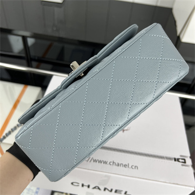 Cha.nel Mini Classic Flap Bag Grained Calfskin Silver Tone Metal Lt Blue 01116