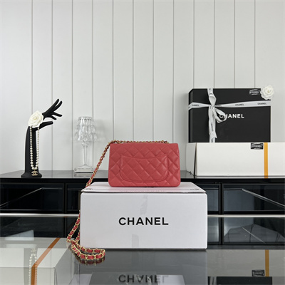 Cha.nel Mini Classic Flap Bag Grained Calfskin Gold Tone Metal Red 01116