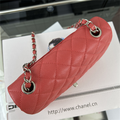 Cha.nel Mini Classic Flap Bag Grained Calfskin Silver Tone Metal Red 01116