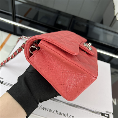 Cha.nel Mini Classic Flap Bag Grained Calfskin Silver Tone Metal Red 01116