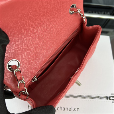 Cha.nel Mini Classic Flap Bag Grained Calfskin Silver Tone Metal Red 01116