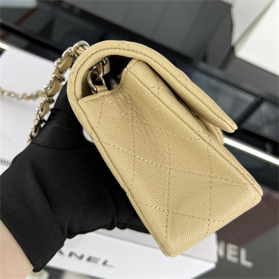 Cha.nel Mini Classic Flap Bag Grained Calfskin Silver Tone Metal Beige 01116