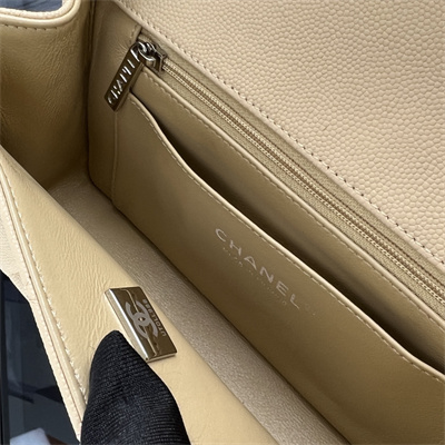 Cha.nel Mini Classic Flap Bag Grained Calfskin Silver Tone Metal Beige 01116