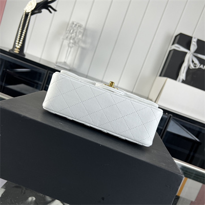 Cha.nel Mini Classic Flap Bag Lambskin Gold Tone Metal White 01116