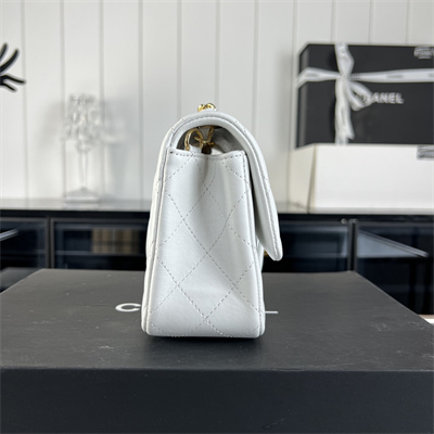 Cha.nel Mini Classic Flap Bag Lambskin Gold Tone Metal White 01116