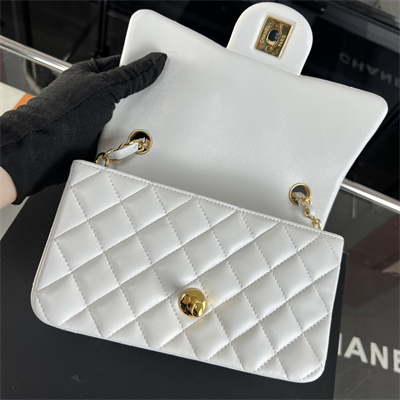 Cha.nel Mini Classic Flap Bag Lambskin Gold Tone Metal White 01116