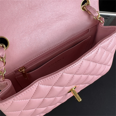Cha.nel Mini Classic Flap Bag Lambskin Gold Tone Metal Pink 01116