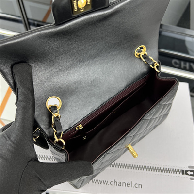 Cha.nel Mini Classic Flap Bag Lambskin Gold Tone Metal Black 01116