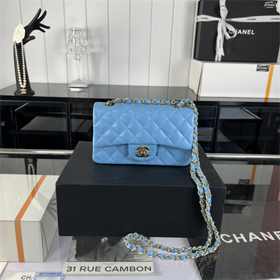 Cha.nel Mini Classic Flap Bag Lambskin Gold Tone Metal Blue 01116