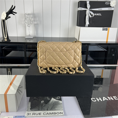 Cha.nel Mini Classic Flap Bag Lambskin Gold Tone Metal Beige 01116