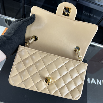 Cha.nel Mini Classic Flap Bag Lambskin Gold Tone Metal Beige 01116
