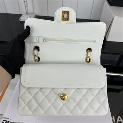 Cha.nel Small Classic Flap Bag Grained Calfskin Gold Tone Metal White 01117 (Flap Edge Stitch)