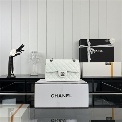 Cha.nel Small Classic Flap Bag Grained Calfskin Silver Tone Metal White 01117