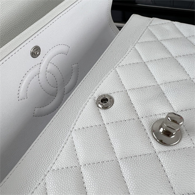 Cha.nel Small Classic Flap Bag Grained Calfskin Silver Tone Metal White 01117