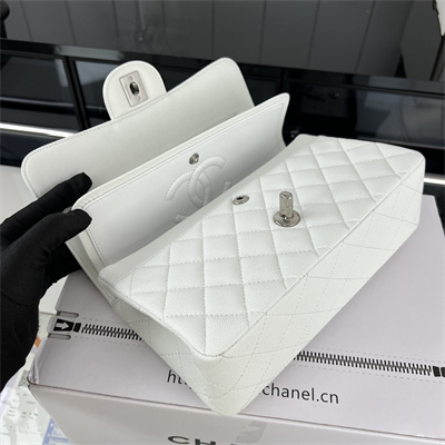 Cha.nel Small Classic Flap Bag Grained Calfskin Silver Tone Metal White 01117 (Flap Edge Stitch)