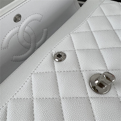 Cha.nel Small Classic Flap Bag Grained Calfskin Silver Tone Metal White 01117 (Flap Edge Stitch)