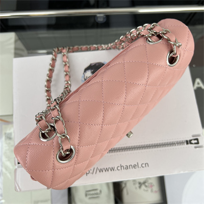 Cha.nel Small Classic Flap Bag Grained Calfskin Silver Tone Metal Pink 01117