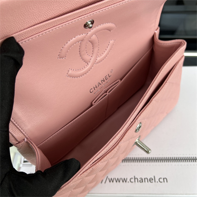 Cha.nel Small Classic Flap Bag Grained Calfskin Silver Tone Metal Pink 01117