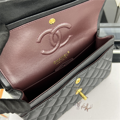 Cha.nel Small Classic Flap Bag Grained Calfskin Gold Tone Metal Black 01117