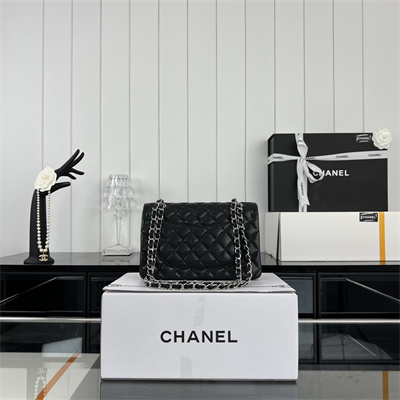 Cha.nel Small Classic Flap Bag Grained Calfskin Silver Tone Metal Black 01117