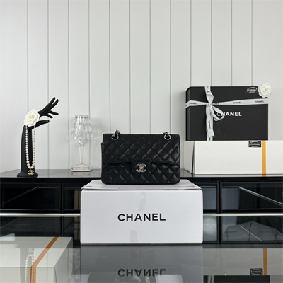 Cha.nel Small Classic Flap Bag Grained Calfskin Silver Tone Metal Black 01117 (Flap Edge Stitch)