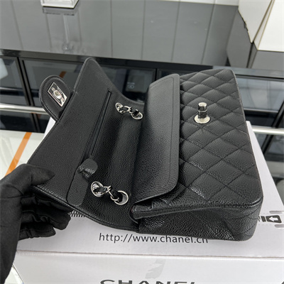 Cha.nel Small Classic Flap Bag Grained Calfskin Silver Tone Metal Black 01117 (Flap Edge Stitch)