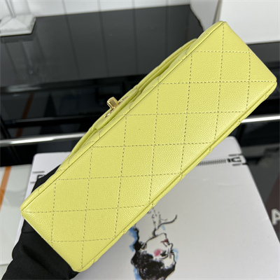 Cha.nel Small Classic Flap Bag Grained Calfskin Gold Tone Metal Yellow 01117