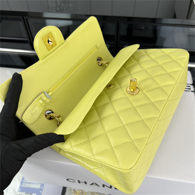 Cha.nel Small Classic Flap Bag Grained Calfskin Gold Tone Metal Yellow 01117