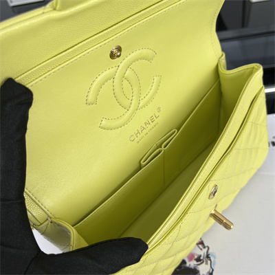 Cha.nel Small Classic Flap Bag Grained Calfskin Gold Tone Metal Yellow 01117