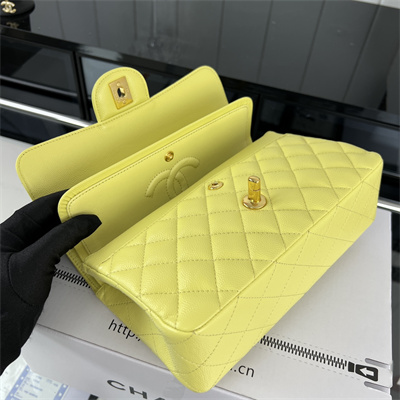Cha.nel Small Classic Flap Bag Grained Calfskin Gold Tone Metal Yellow 01117 (Flap Edge Stitch)