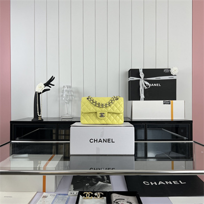 Cha.nel Small Classic Flap Bag Grained Calfskin Silver Tone Metal Yellow 01117 (Flap Edge Stitch)