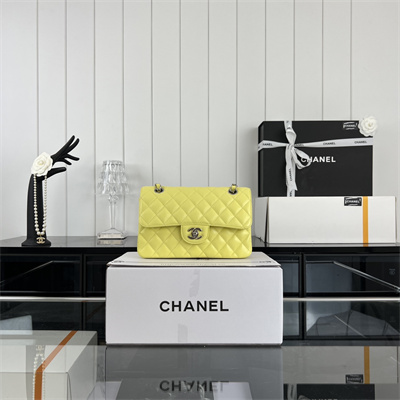 Cha.nel Small Classic Flap Bag Grained Calfskin Silver Tone Metal Yellow 01117 (Flap Edge Stitch)