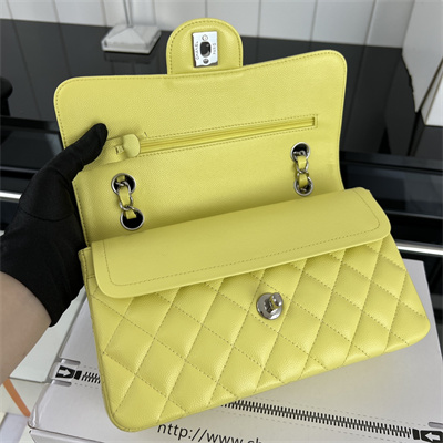Cha.nel Small Classic Flap Bag Grained Calfskin Silver Tone Metal Yellow 01117 (Flap Edge Stitch)