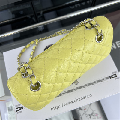 Cha.nel Small Classic Flap Bag Grained Calfskin Silver Tone Metal Yellow 01117 (Flap Edge Stitch)