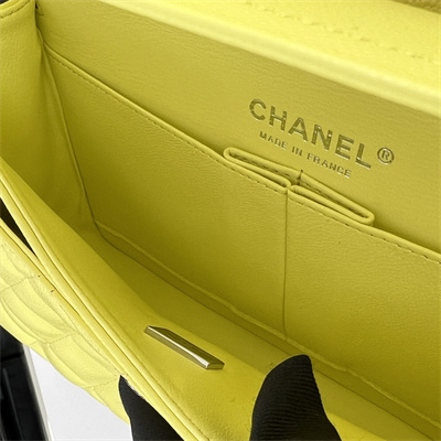 Cha.nel Small Classic Flap Bag Grained Calfskin Silver Tone Metal Yellow 01117 (Flap Edge Stitch)