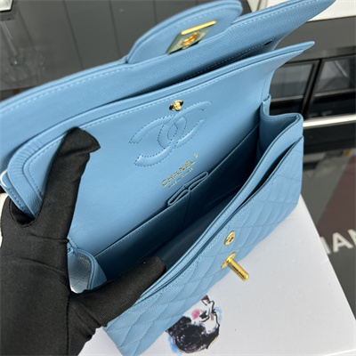 Cha.nel Small Classic Flap Bag Grained Calfskin Gold Tone Metal Blue 01117