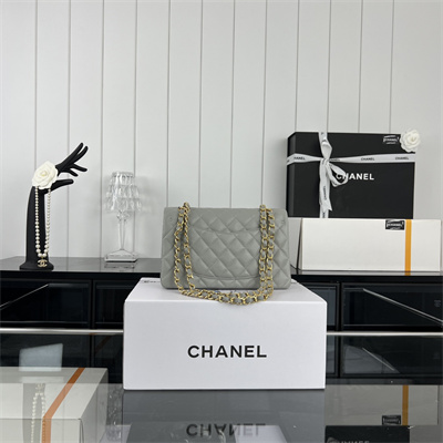 Cha.nel Small Classic Flap Bag Grained Calfskin Gold Tone Metal Grey 01117