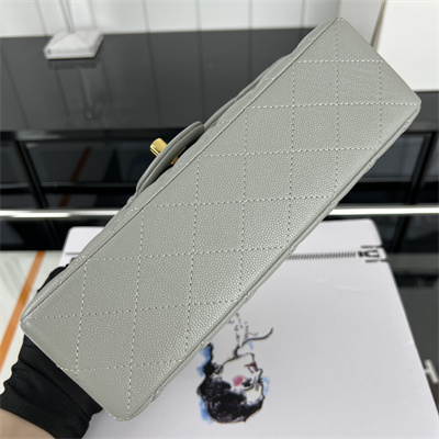 Cha.nel Small Classic Flap Bag Grained Calfskin Gold Tone Metal Grey 01117