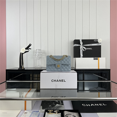 Cha.nel Small Classic Flap Bag Grained Calfskin Gold Tone Metal Lt Blue 01117 (Flap Edge Stitch)