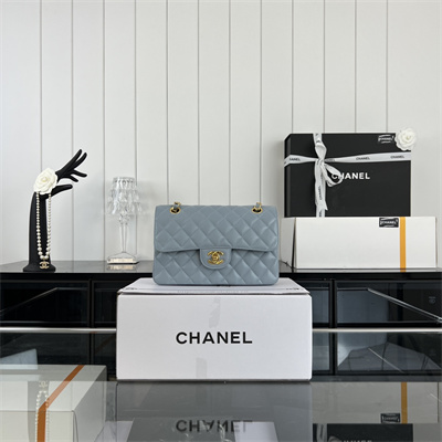 Cha.nel Small Classic Flap Bag Grained Calfskin Gold Tone Metal Lt Blue 01117 (Flap Edge Stitch)
