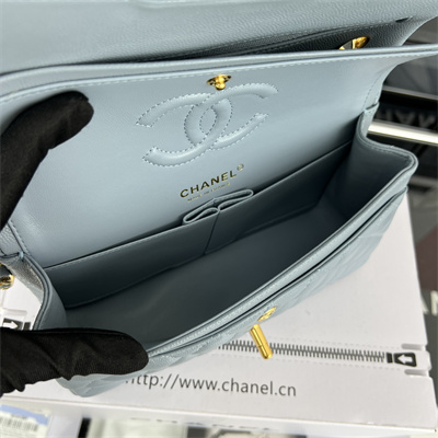 Cha.nel Small Classic Flap Bag Grained Calfskin Gold Tone Metal Lt Blue 01117 (Flap Edge Stitch)
