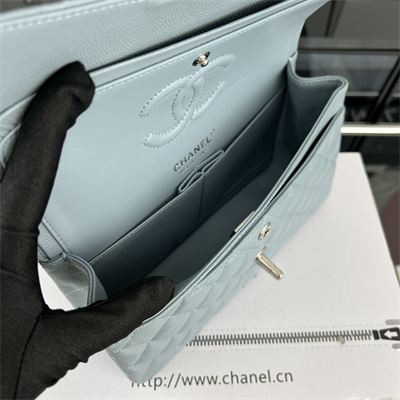 Cha.nel Small Classic Flap Bag Grained Calfskin Silver Tone Metal Lt Blue 01117 (Flap Edge Stitch)