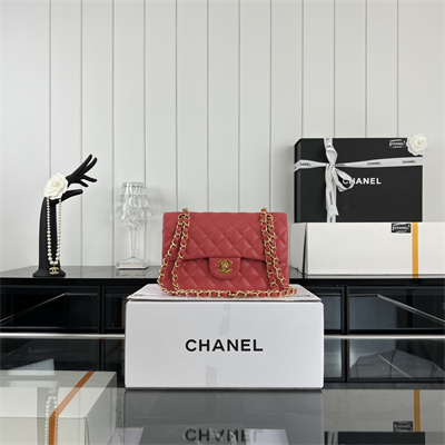 Cha.nel Small Classic Flap Bag Grained Calfskin Gold Tone Metal Red 01117