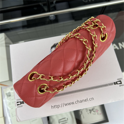 Cha.nel Small Classic Flap Bag Grained Calfskin Gold Tone Metal Red 01117