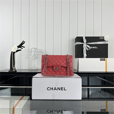 Cha.nel Small Classic Flap Bag Grained Calfskin Silver Tone Metal Red 01117