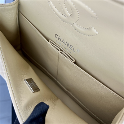 Cha.nel Small Classic Flap Bag Grained Calfskin Silver Tone Metal Beige 01117
