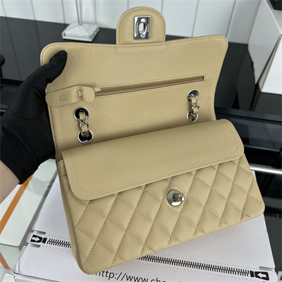 Cha.nel Small Classic Flap Bag Grained Calfskin Silver Tone Metal Beige 01117 (Flap Edge Stitch)